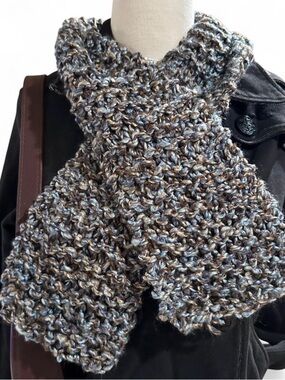 Chunky Hand-Knit Multicolor Scarf - Soft Brown & Blue